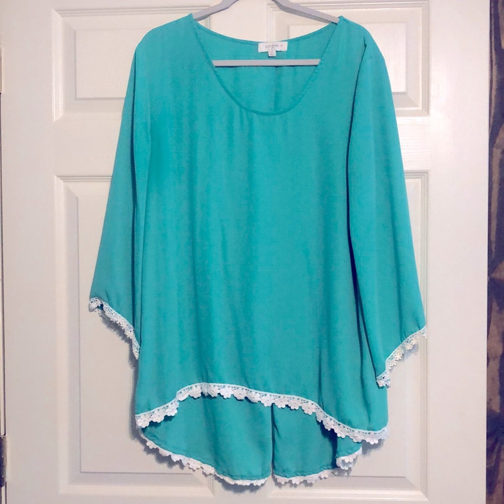 Umgee Teal Green Tunic Top Lave Trim Size 1X